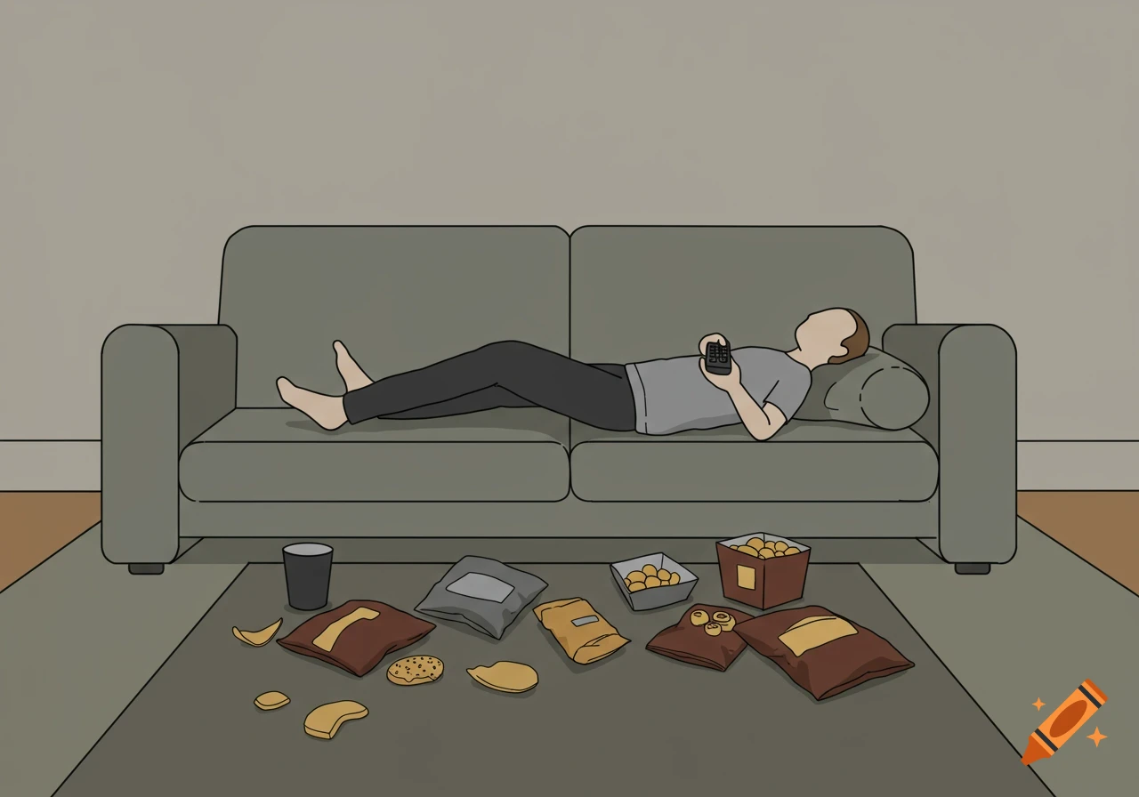 Minimalist illustration of a person lying on a couch, holding a remote, surrounded by snacks, on a rug.