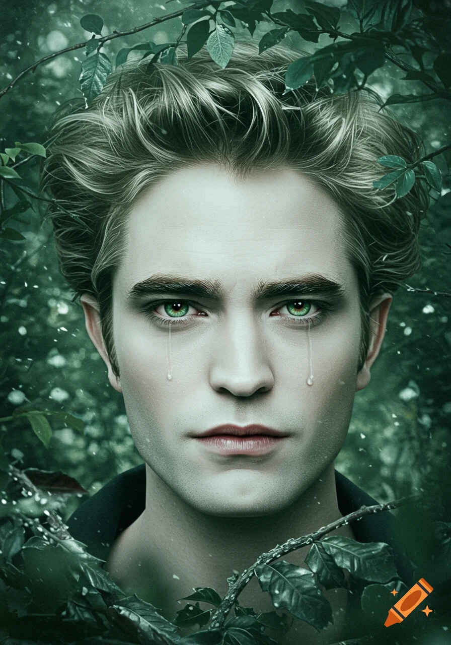 Close-up photorealistic portrait of a pale man with green eyes and tears, surrounded by dark green leaves.