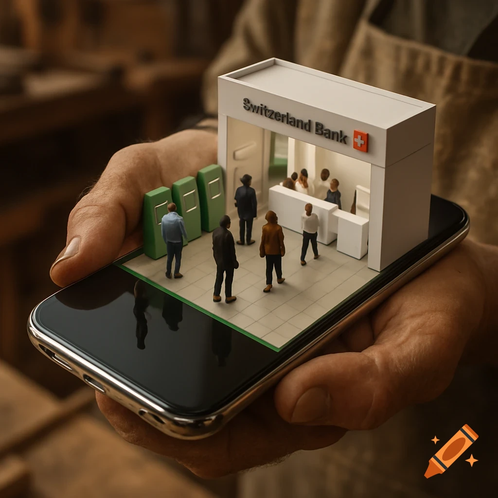 A miniature 'Switzerland Bank' model with tiny figures stands on a smartphone screen held in a person's hand.