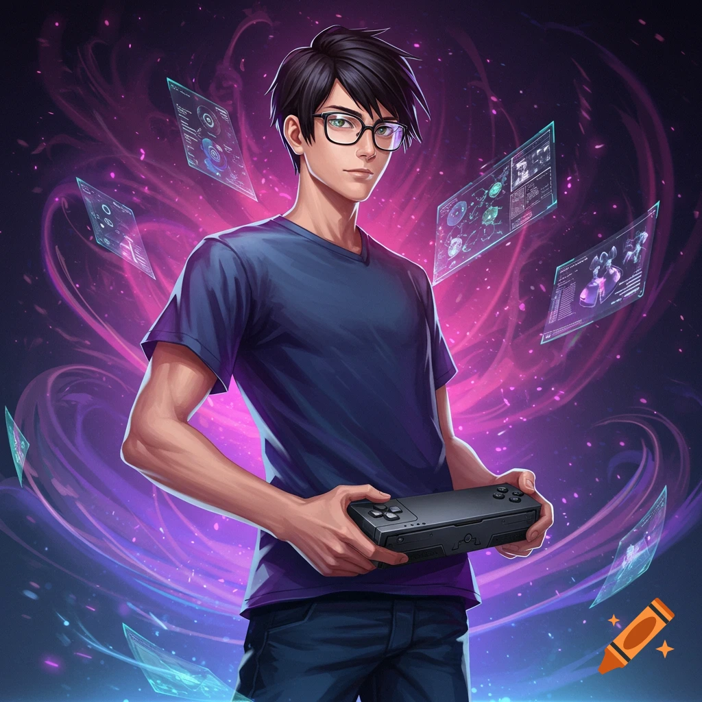 Anime-style male character with glasses holding a game console against a vibrant, futuristic background with floating holographic screens.