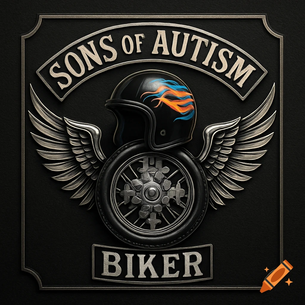 Metallic biker club logo with a helmet, wings, motorcycle wheel, and text 'SONS OF AUTISM BIKER' on a dark plaque.