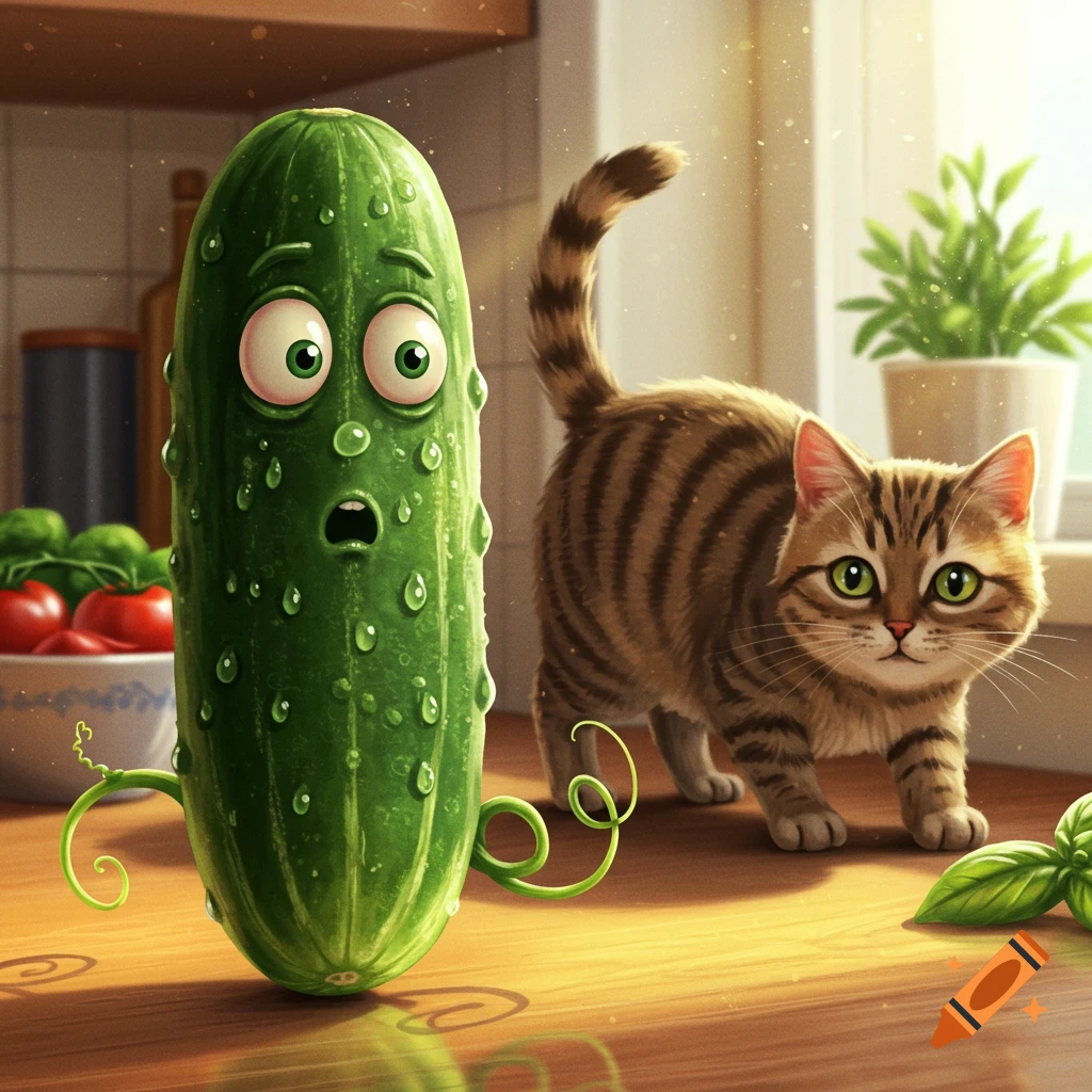 Cartoon cucumber with big, scared eyes and water droplets stands on a wooden counter next to a curious tabby cat.