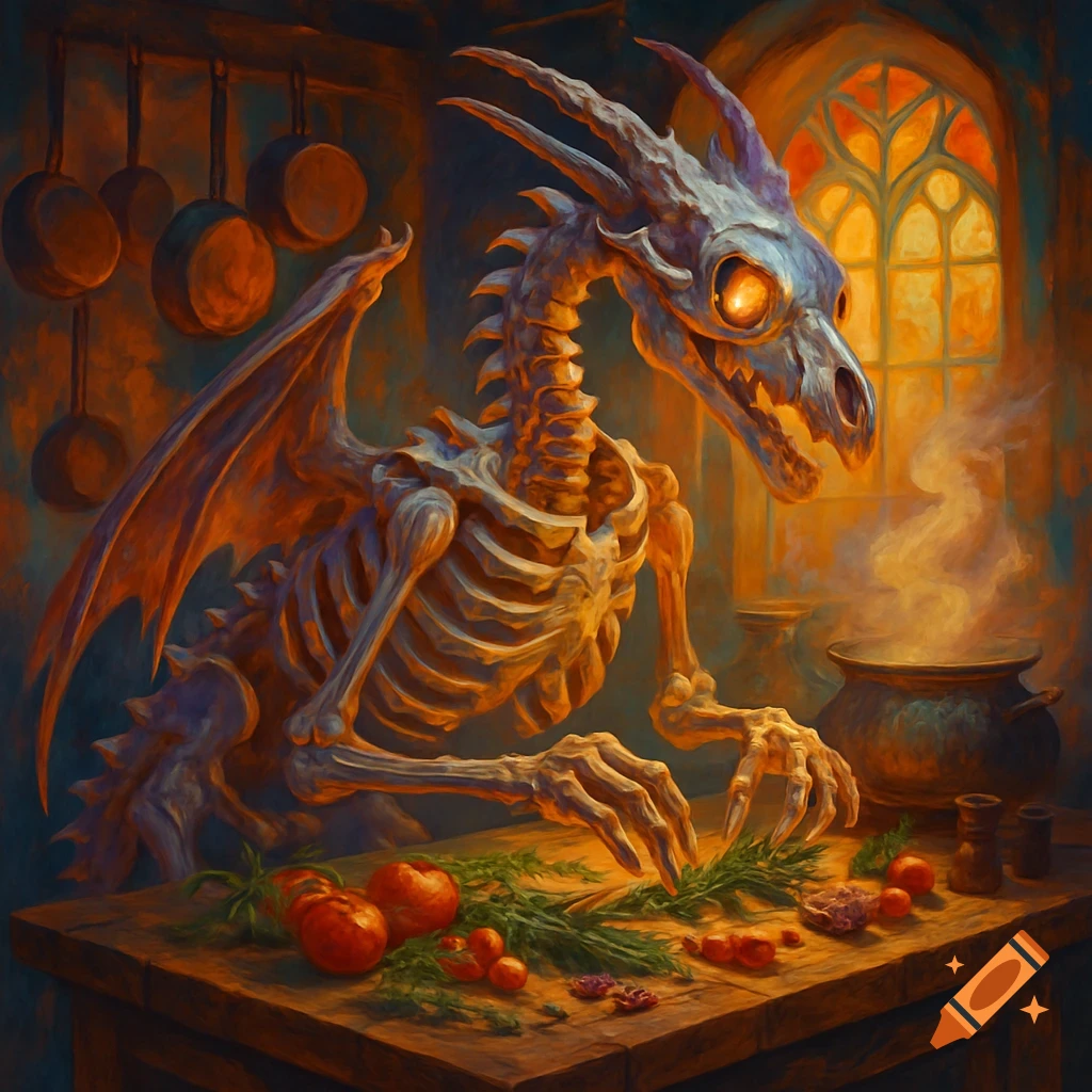 A dragon skeleton with glowing eyes cooks in a dimly lit, warm kitchen, chopping herbs on a table next to a smoking cauldron.