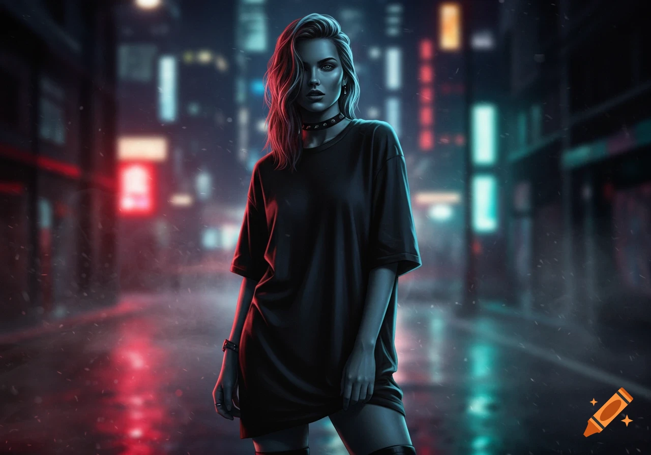 A woman with wavy hair in an oversized t-shirt stands in a dark, neon-lit urban street, looking at the viewer.