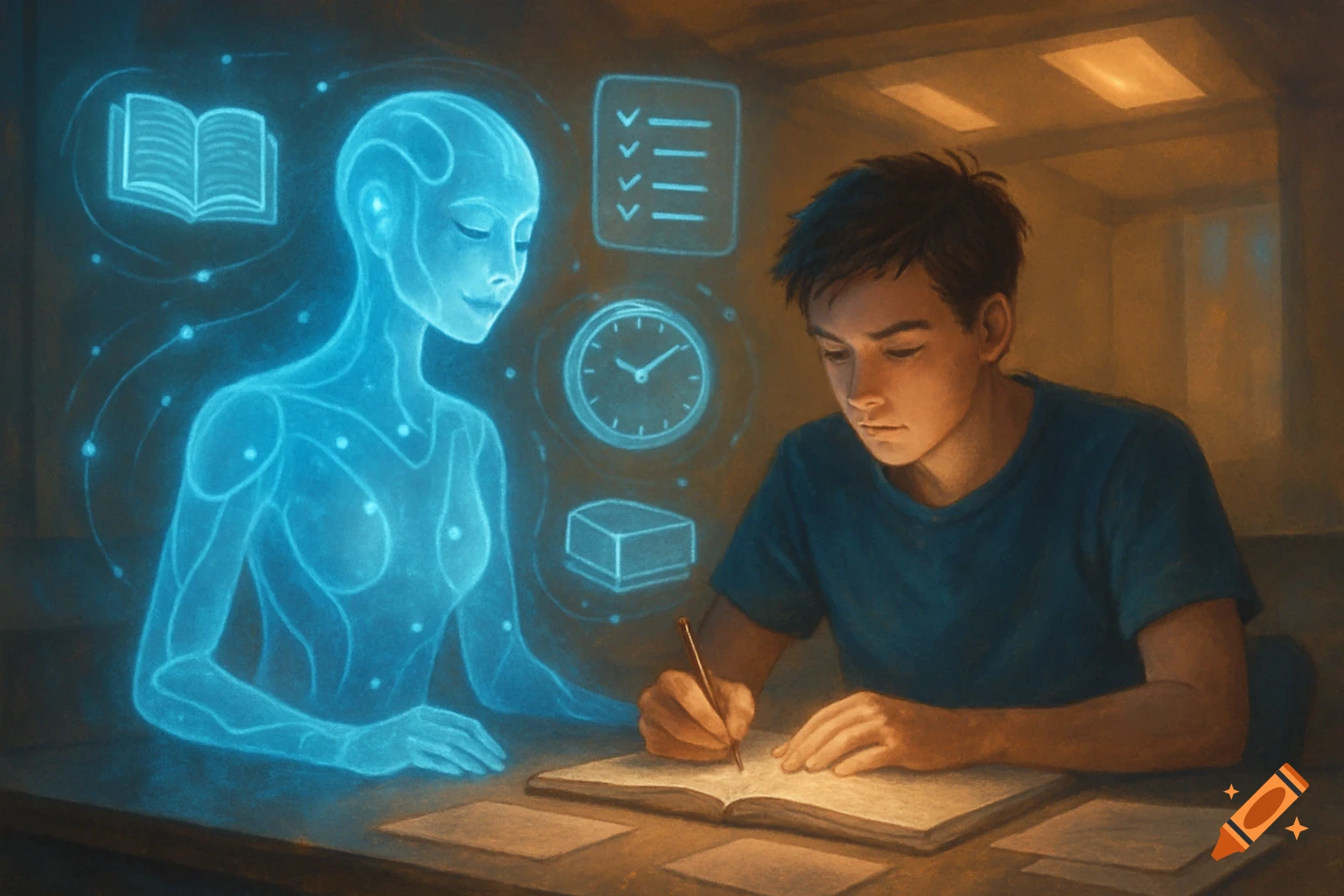 A student studies at a desk, illuminated by a glowing blue, translucent AI assistant and floating holographic icons.