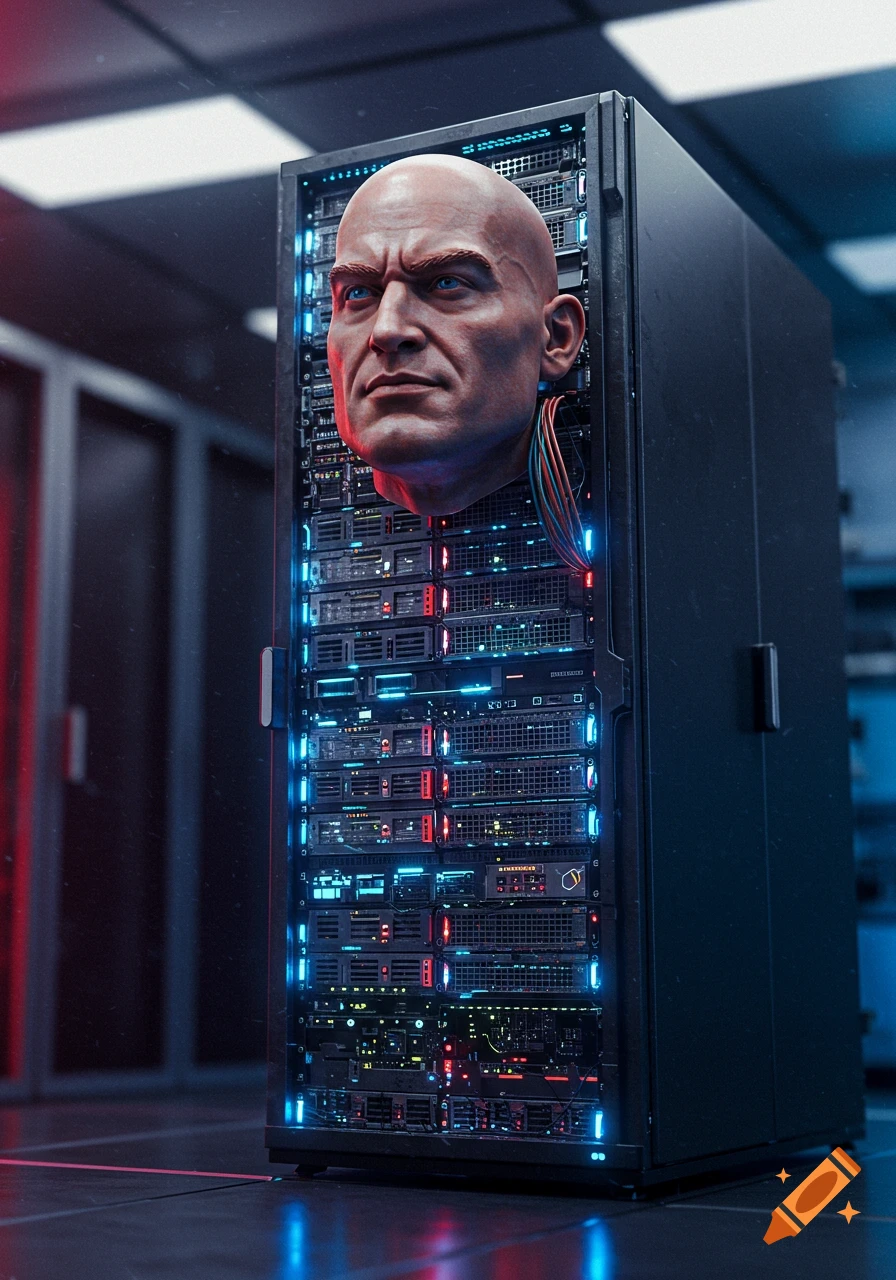 A photorealistic image of a bald, muscular 'Gigachad' head emerging from a glowing, futuristic server rack with wires.