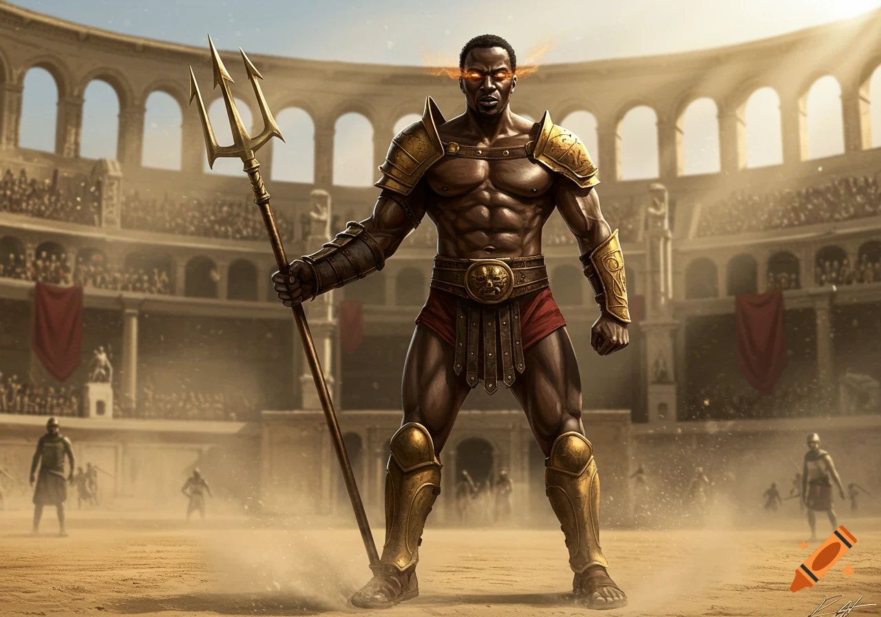 A highly muscular African gladiator with glowing eyes, wearing golden armor and holding a trident, stands in a dusty arena.