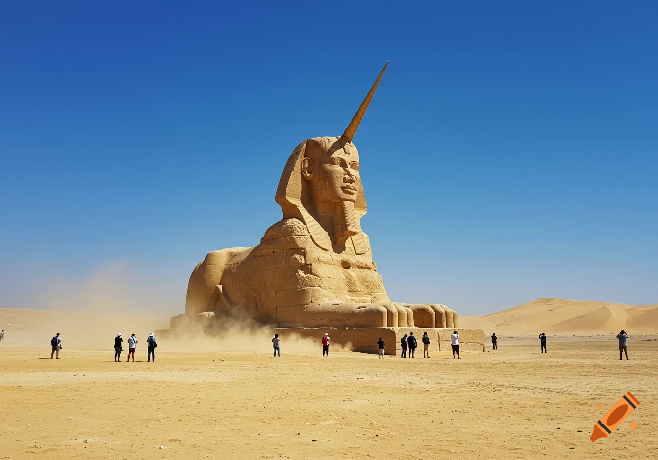 Photorealistic image of a Sphinx statue with a unicorn horn in a vast desert, with several tourists taking photos.