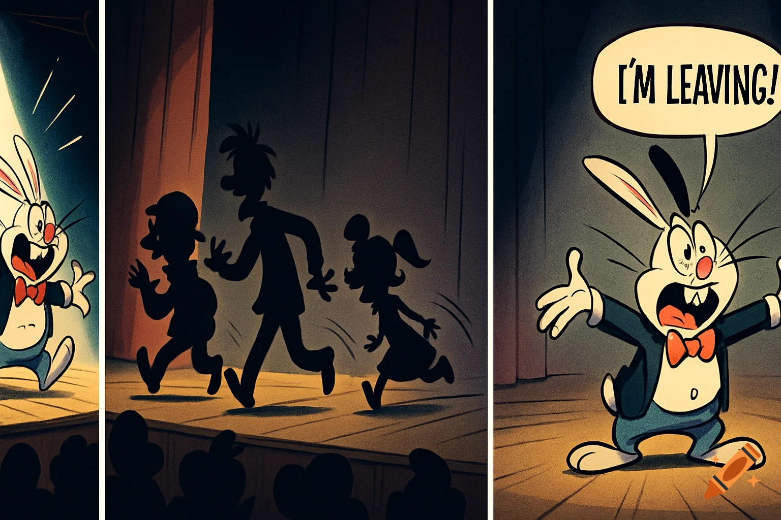 A three-panel cartoon. Panel one shows a rabbit in a spotlight. Panel two shows three shadowy figures running off stage. Panel three shows the rabbit shouting 'I'M LEAVING!'