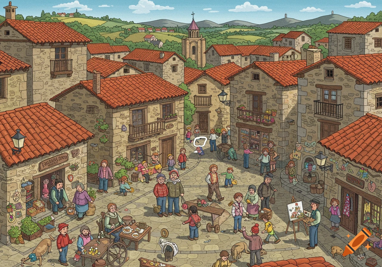 Detailed illustration of a bustling Spanish village square with many people, market stalls, and stone houses with red roofs.