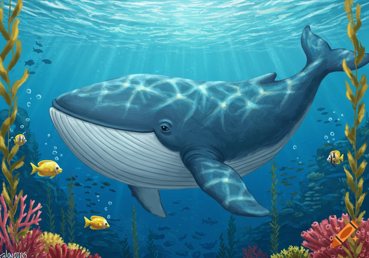 A happy blue whale swims under the ocean, surrounded by yellow fish, green kelp, and red coral in a vibrant children's illustration.