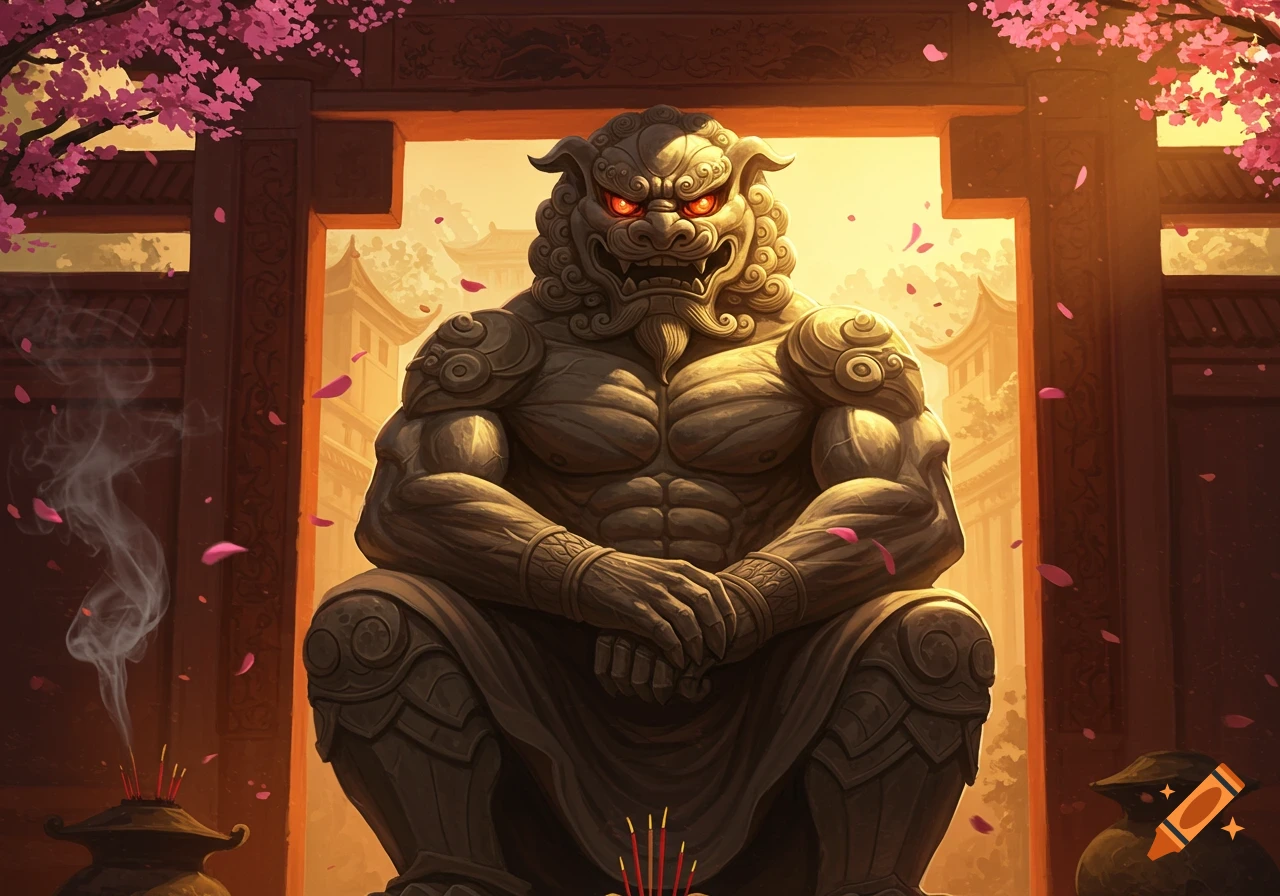 A muscular stone guardian lion statue with glowing red eyes sits in a temple doorway, surrounded by cherry blossoms and incense.