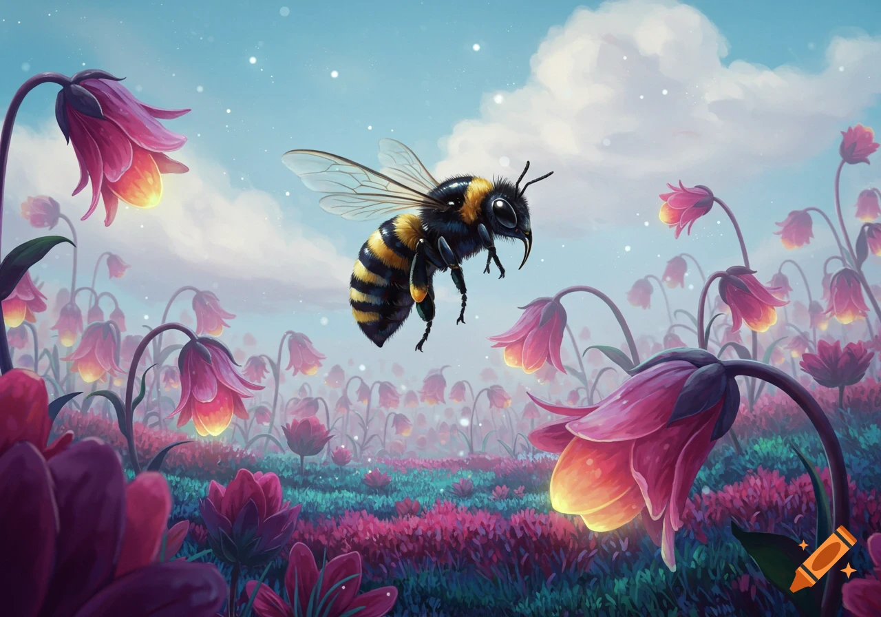 A surreal digital painting of a bumblebee flying above a field of glowing pink and purple bell-shaped flowers under a cloudy sky.