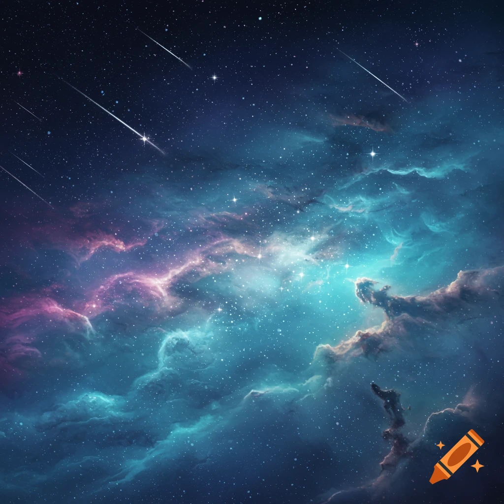 A vibrant deep space background with blue, teal, and pink nebulae, countless stars, and streaks of shooting stars.