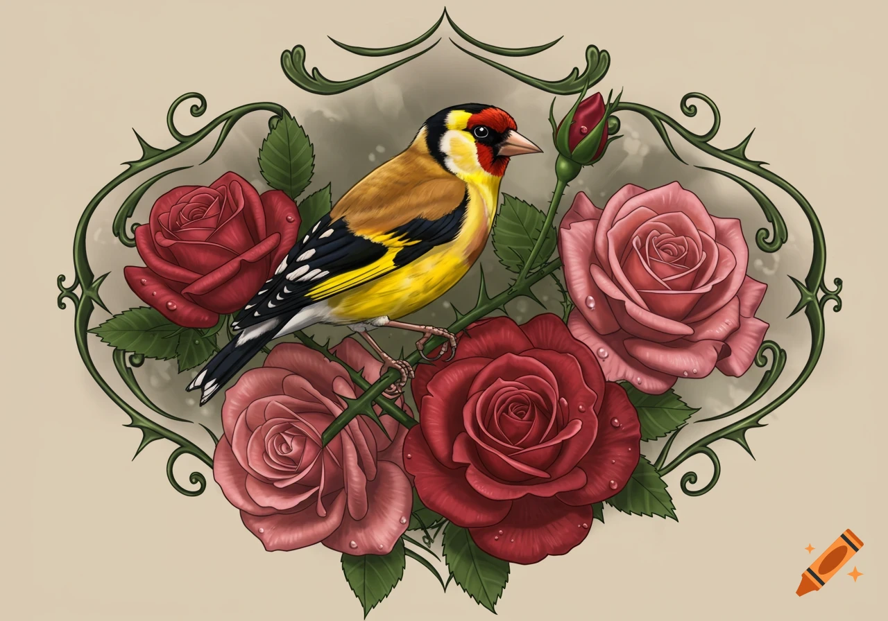 Vibrant illustration of a goldfinch on a thorny stem with red and pink roses, framed by ornate vines in a tattoo style.
