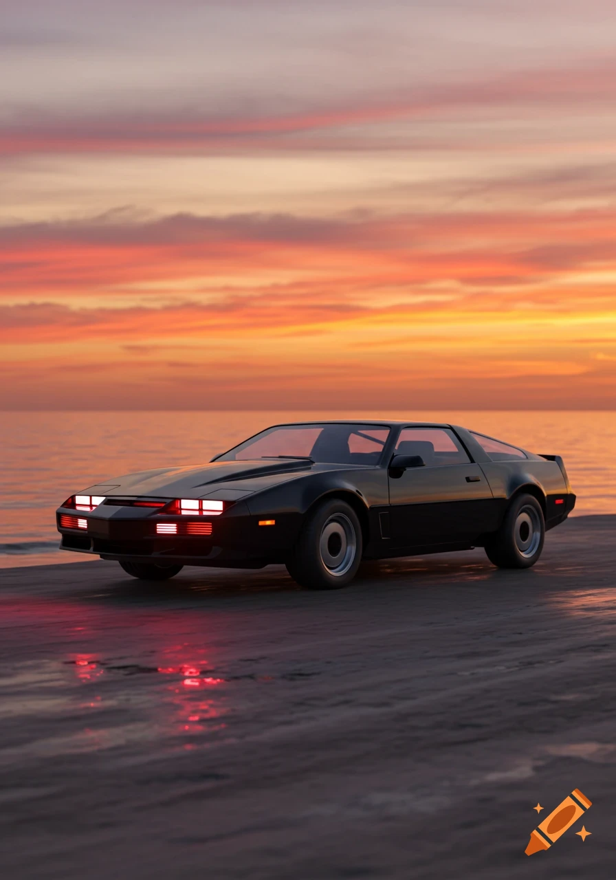 A black K.I.T.T. car with illuminated red headlights parked on a wet surface by the ocean under a vibrant orange and pink sunset.