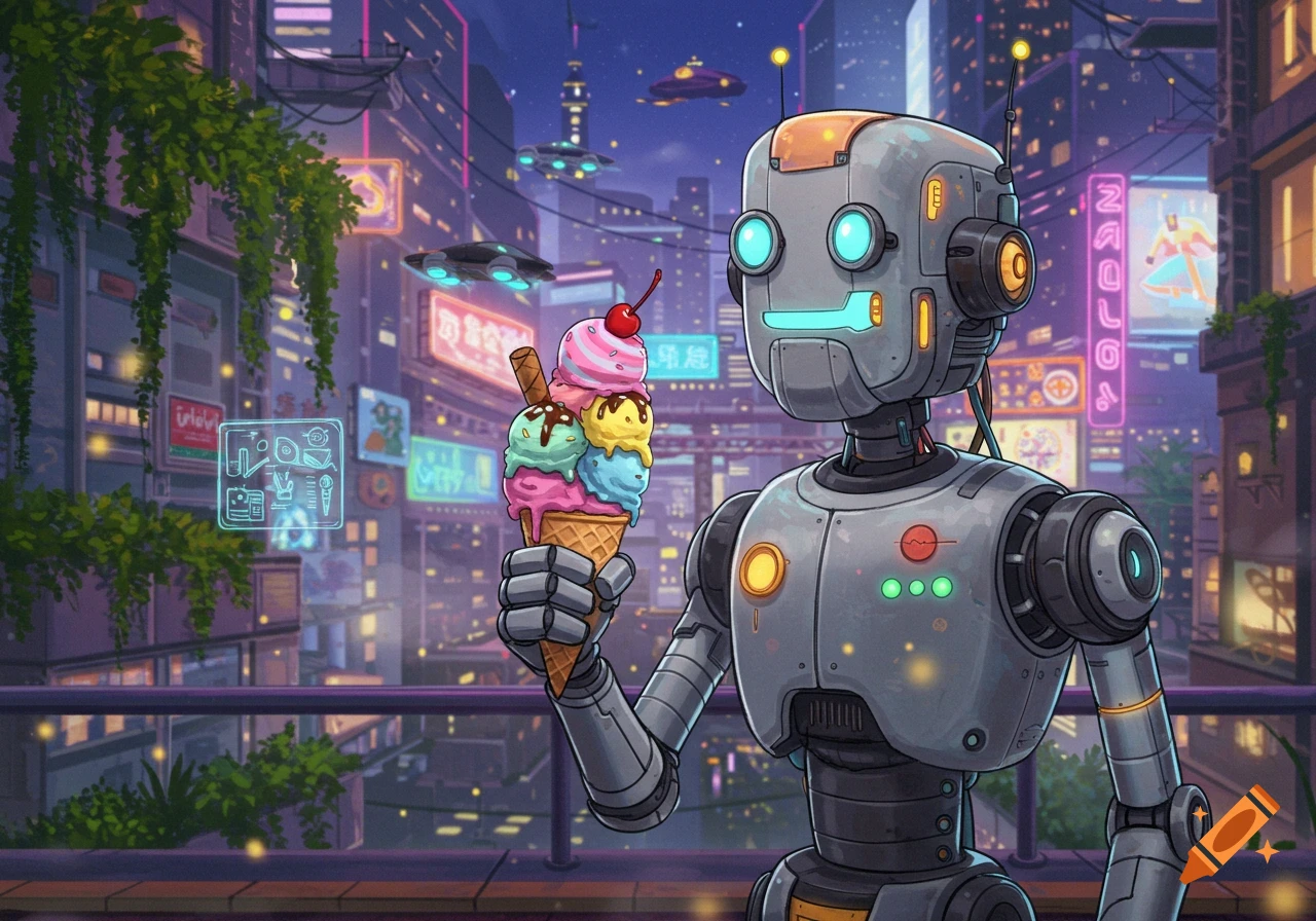 A cartoon robot holds a colorful ice cream cone in a futuristic city at night with flying vehicles and neon signs.
