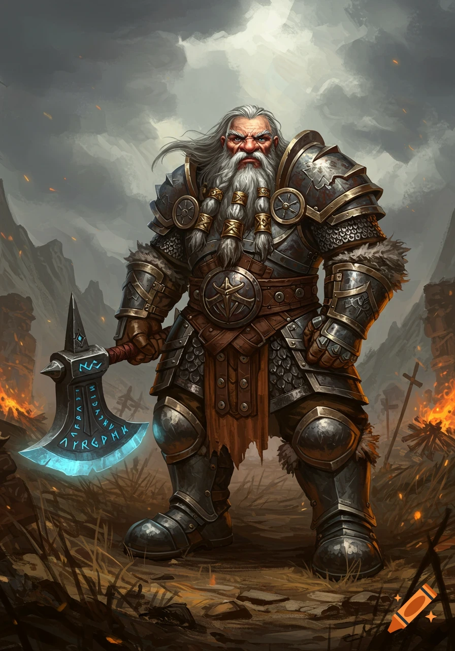 A powerful fantasy dwarf barbarian with a long white beard and braided hair, clad in intricate plate armor, holding a glowing runic axe in a desolate, burning landscape.