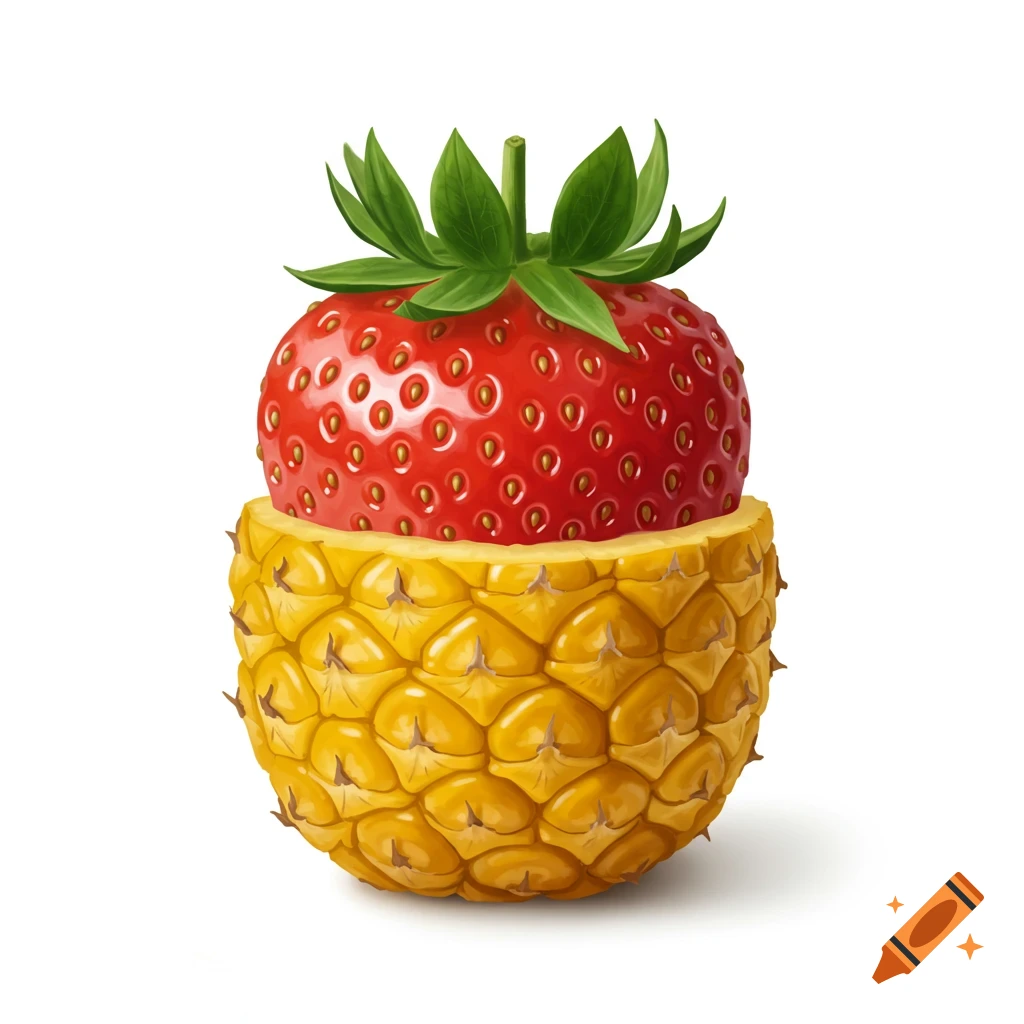 A photorealistic illustration of a strawberry sitting atop a pineapple base, creating a bizarre fruit fusion against a white background.