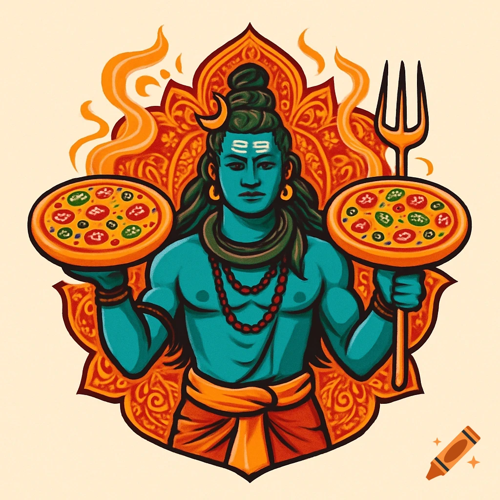 Stylized illustration of blue-skinned Shiva holding pizzas and a fork, against an ornate orange mandala.