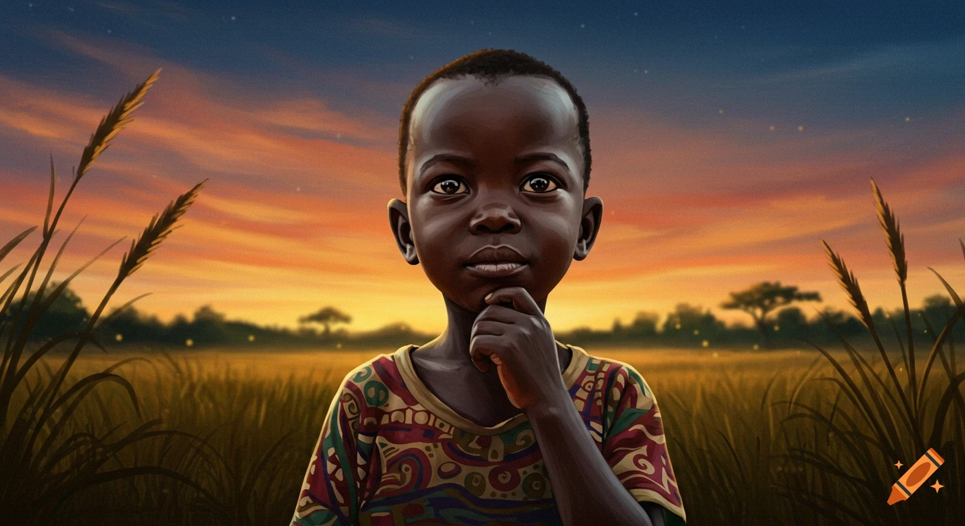 Stylized illustration of a thoughtful African child in a colorful patterned shirt, standing in a grassy field with a vibrant sunset sky.