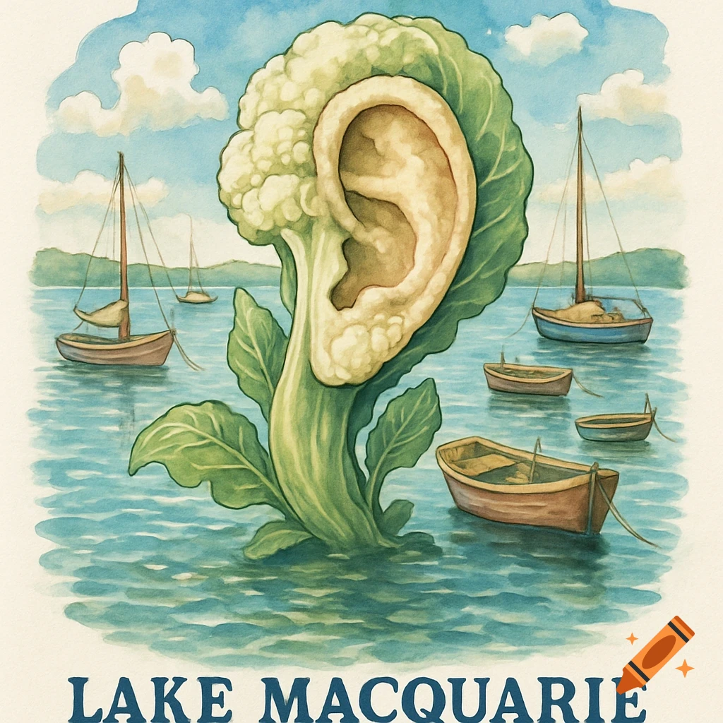 Watercolor illustration of a giant cauliflower with an ear in Lake Macquarie, surrounded by sailboats under a blue, cloudy sky.