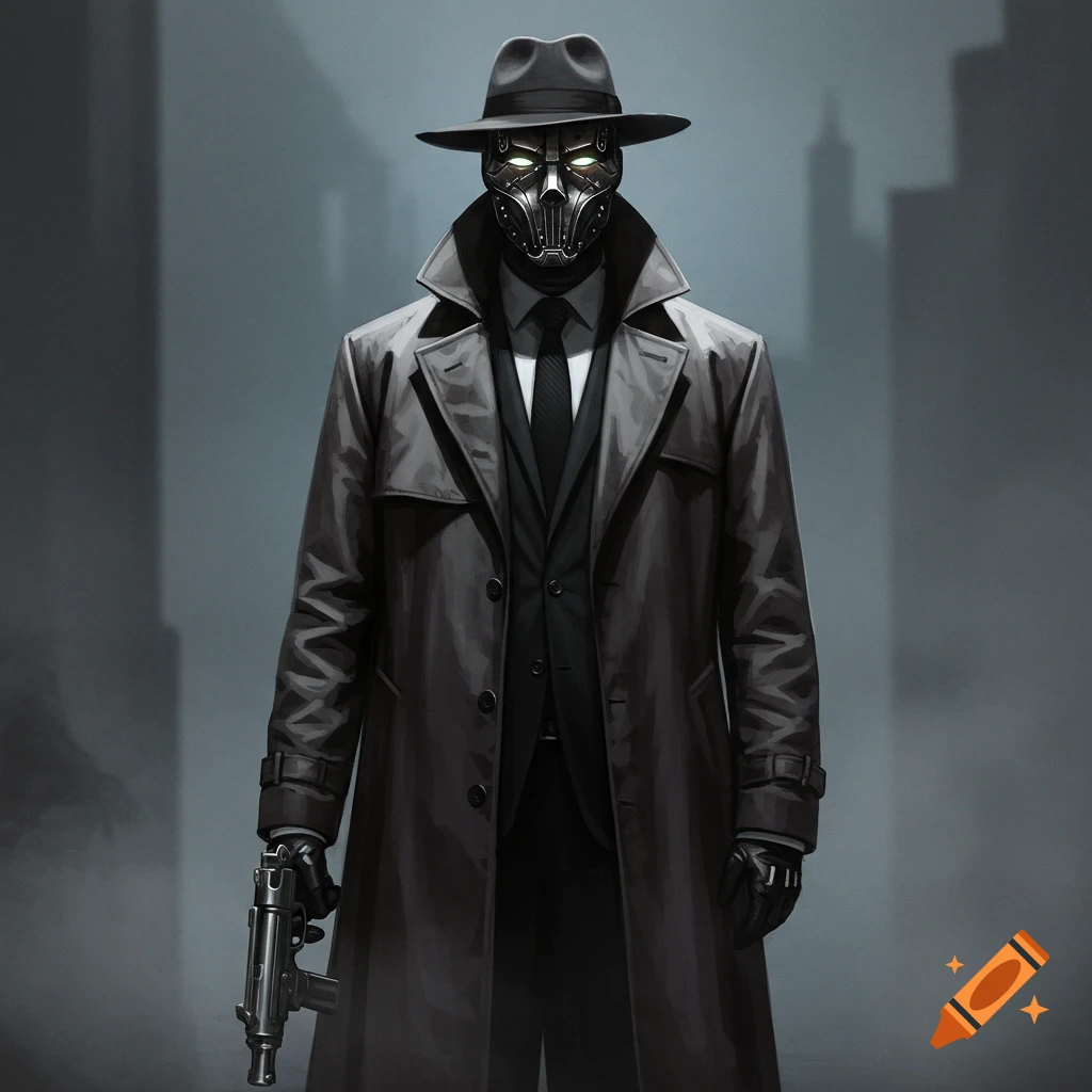 A stylized dark image of a masked figure in a trench coat and fedora, holding a gun, standing in a dimly lit city.