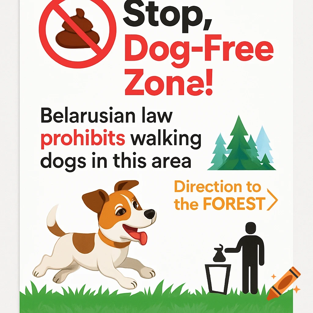 A white sign with a red circle crossed over a poop icon, prohibiting dogs. Text reads "Stop, Dog-Free Zona! Belarusian law prohibits walking dogs in this area. Direction to the FOREST". A cartoon dog and a person throwing trash are also visible.