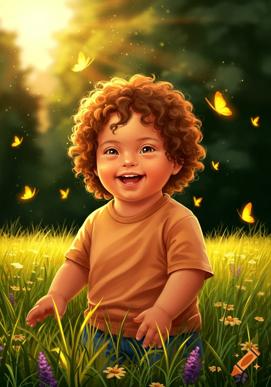 Vibrant illustration of a smiling child with curly hair standing in a sunny field surrounded by butterflies and flowers.