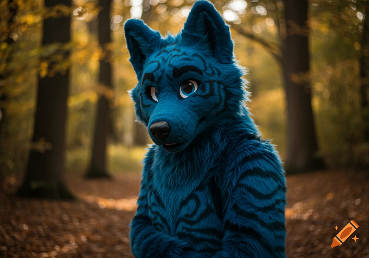 A blue furry wolf-like character in a fursuit, with dark patterns and big blue eyes, stands in a blurred autumn forest.