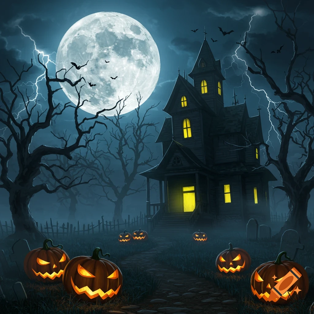 An illustrated spooky Halloween scene with a haunted house, a full moon, lightning, bare trees, bats, and illuminated jack-o'-lanterns on a path.