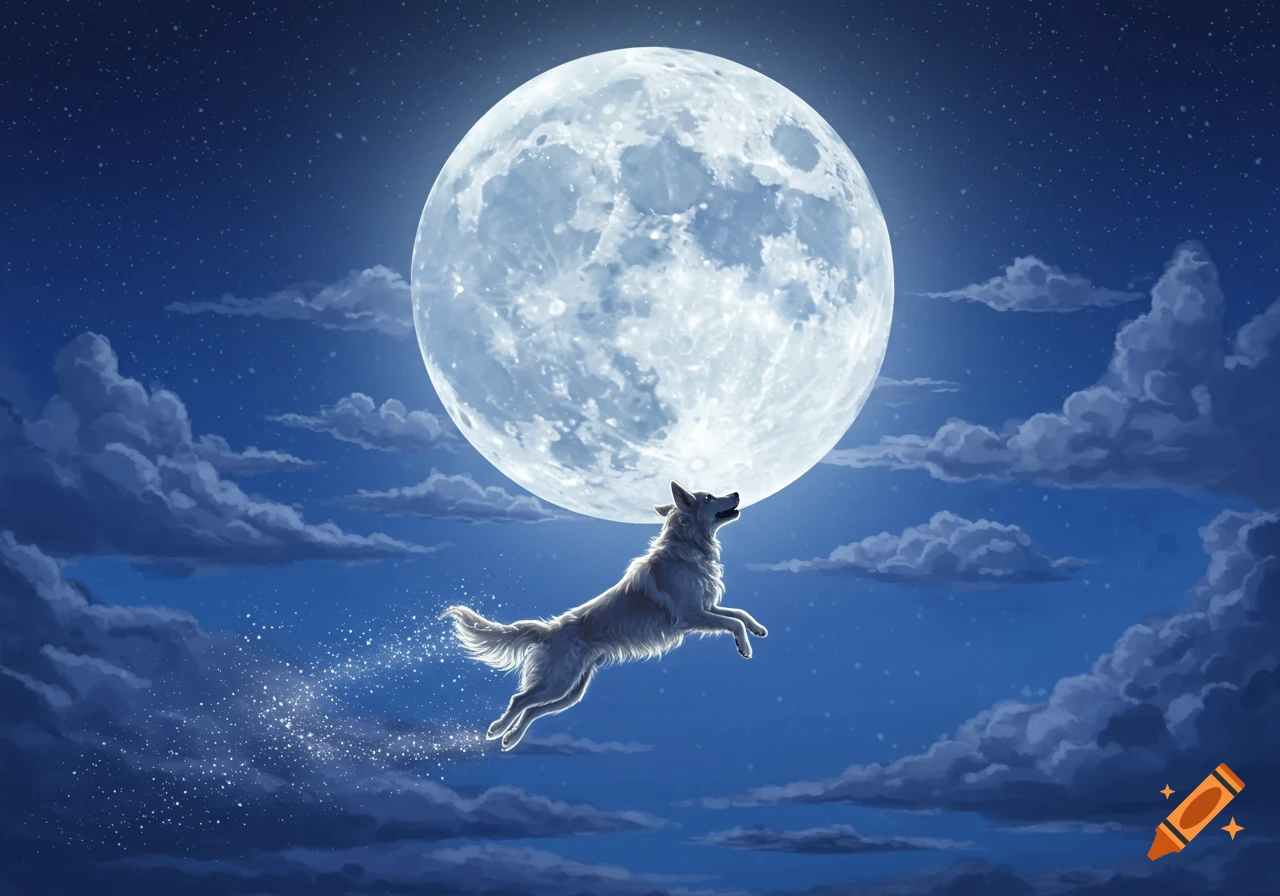 A white wolf-like dog leaps gracefully in a starry night sky towards a large, glowing full moon, leaving a trail of sparkling dust.