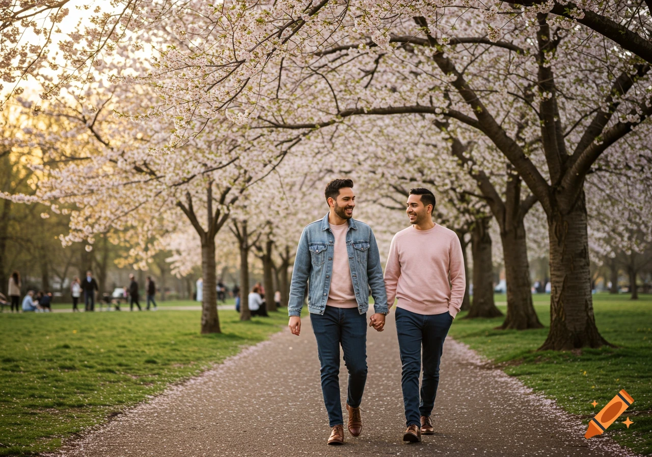 Two men hold hands, smiling while walking on a path lined with blooming cherry trees in a park.