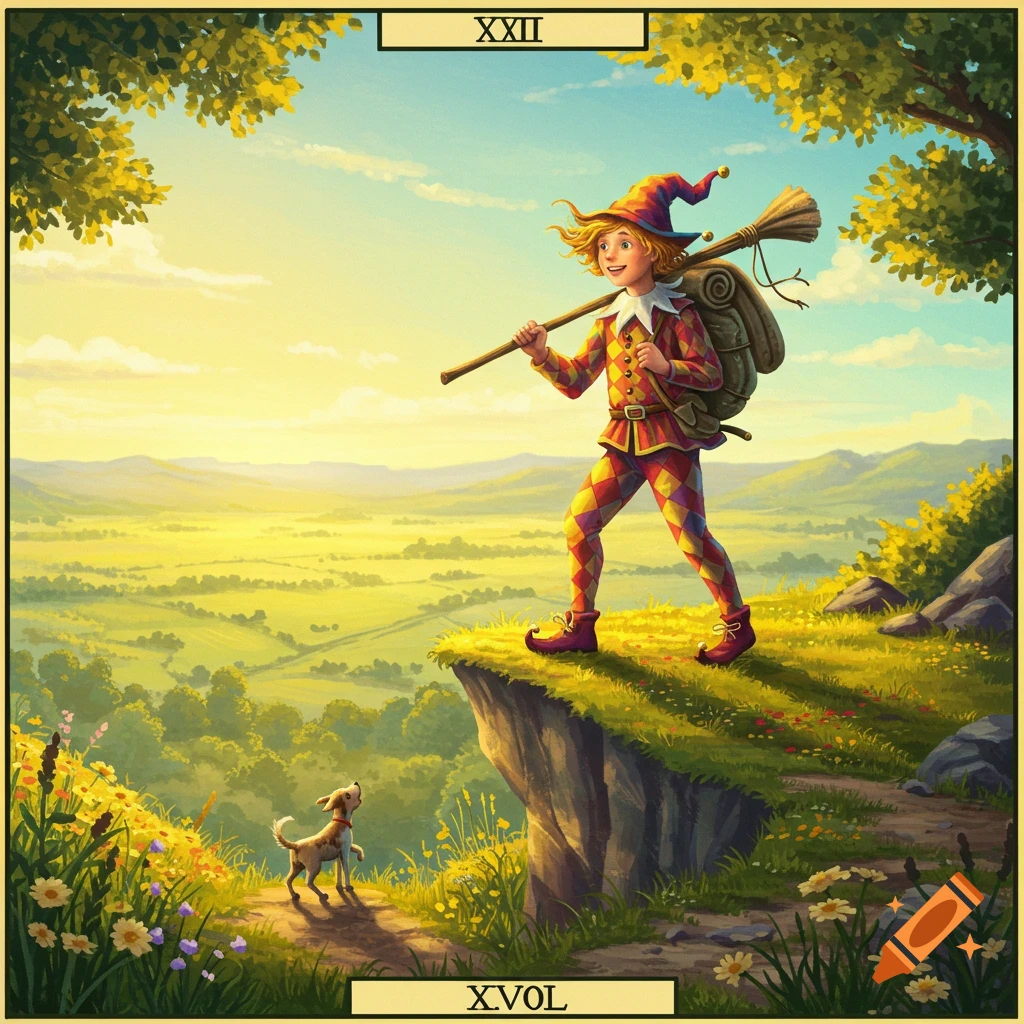 A cheerful jester-like traveler with a staff and backpack walks with a small dog on a cliff overlooking sunny green hills, styled as a tarot card.