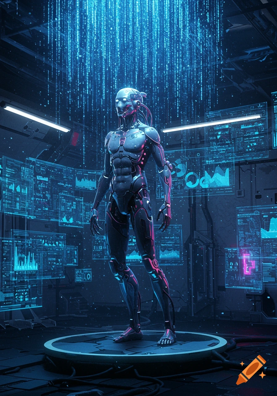 A robotic figure stands on a platform in a dark, futuristic room filled with glowing blue digital data screens and falling code.