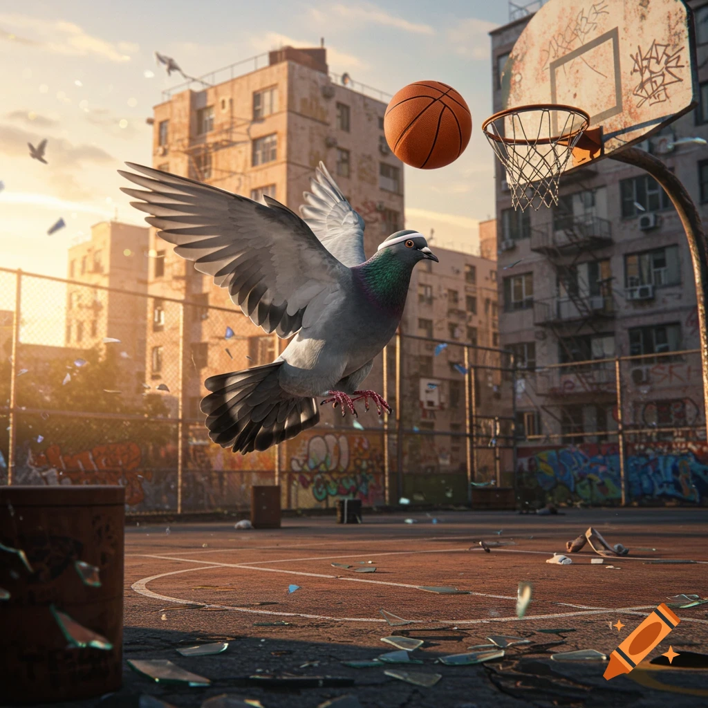 A photorealistic pigeon soars towards a basketball hoop, a basketball mid-air beside it, on a grungy urban court at sunset.