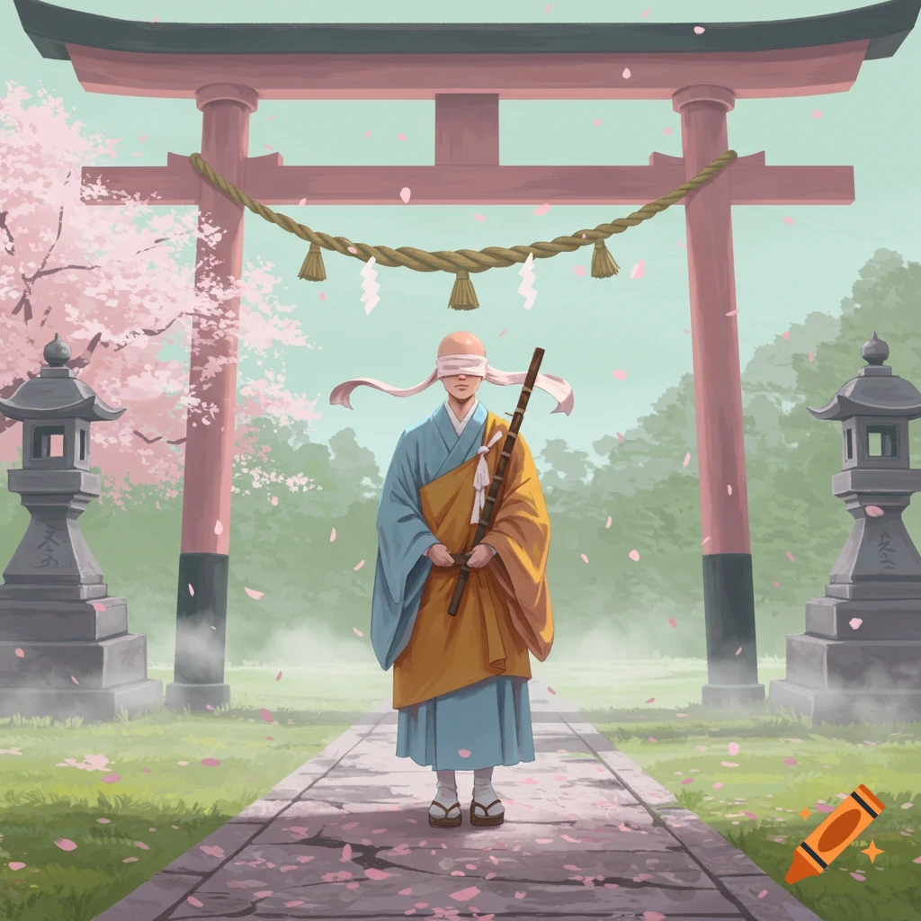 A blindfolded monk in traditional robes stands with a staff before a red torii gate and pink cherry blossoms with falling petals in an illustration.