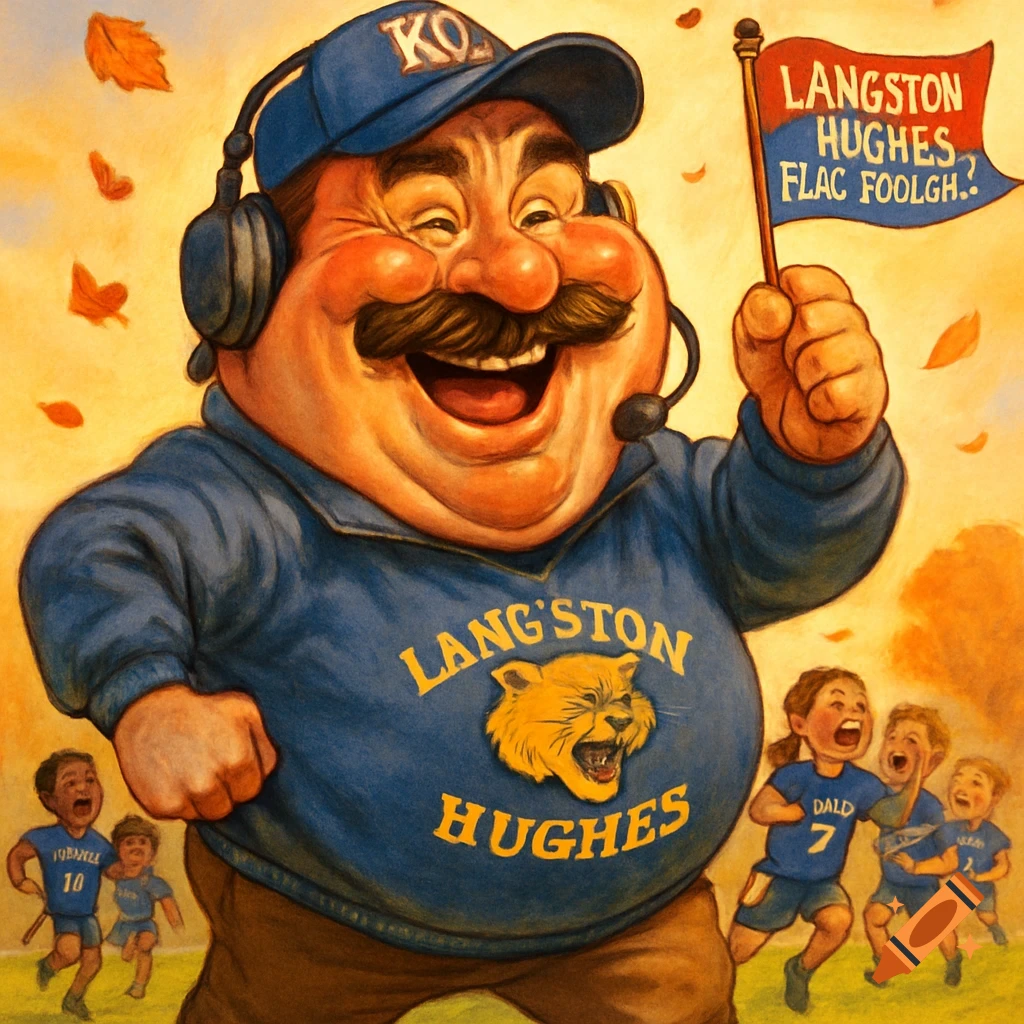 A cartoonish, portly football coach with a mustache and headset laughs while holding a flag with text and wearing a shirt with a lion logo and text. Children play soccer below him, with autumn leaves falling.