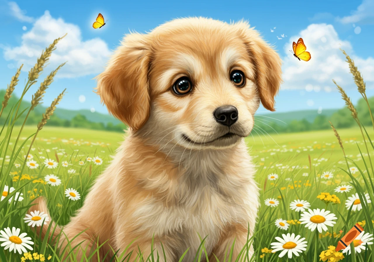 A cute, light brown puppy with big eyes sits in a green meadow among white and yellow daisies under a blue sky with butterflies, digital illustration.