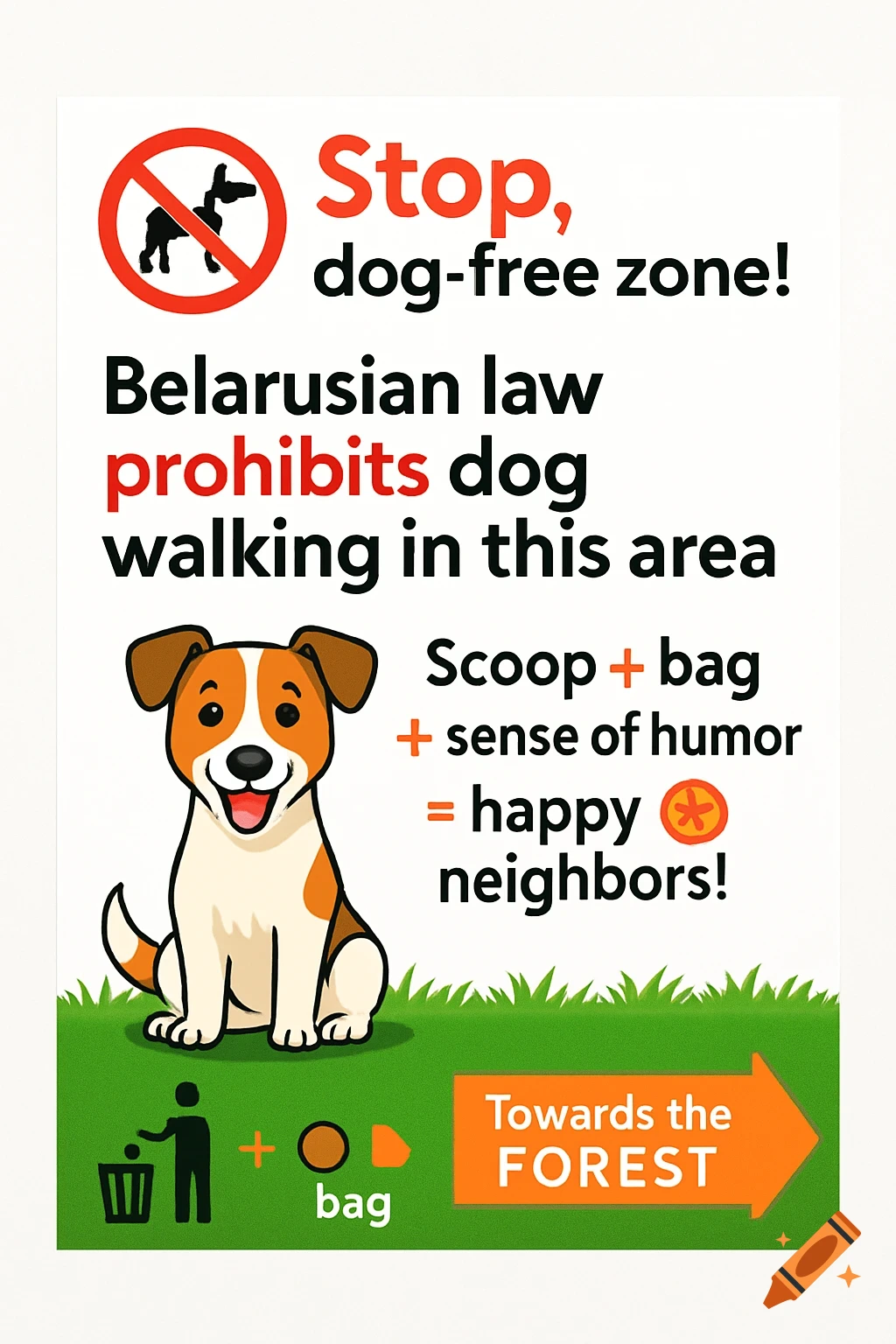 A friendly sign with cartoon dog, text, and icons regarding dog walking rules and waste disposal, with an arrow towards a forest.