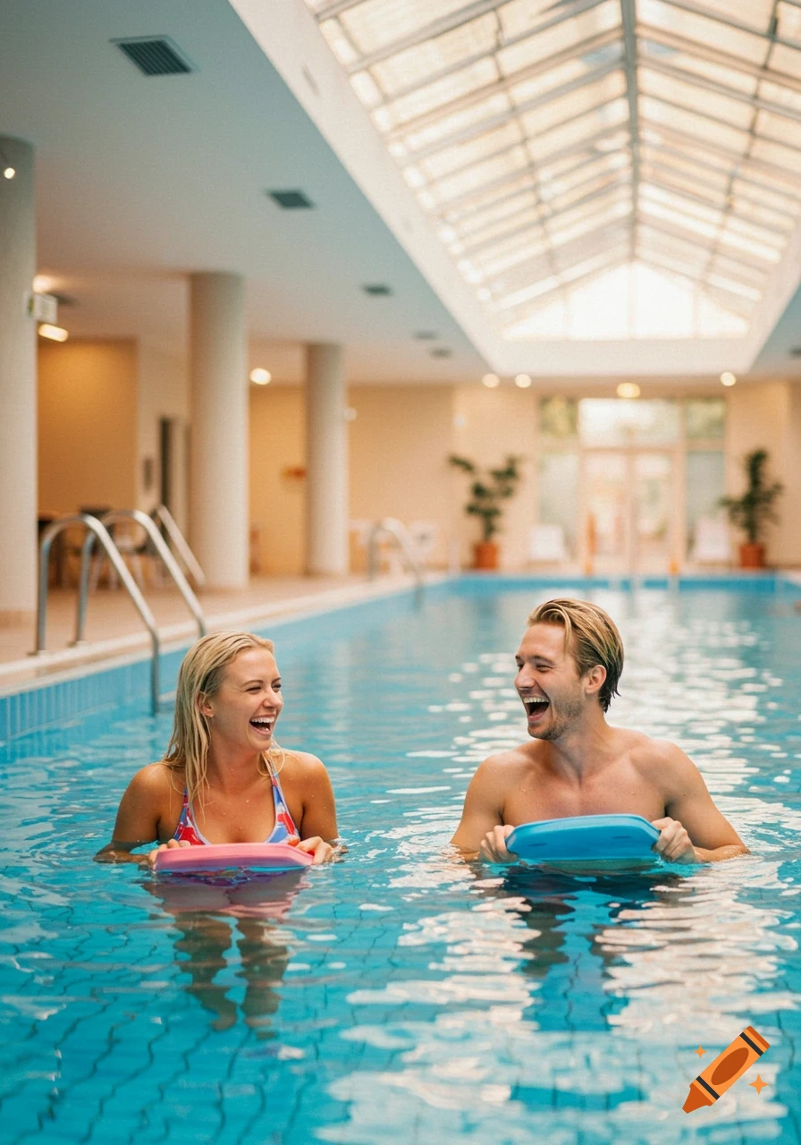 A laughing blonde man and woman hold kickboards in an indoor swimming pool with a skylight.