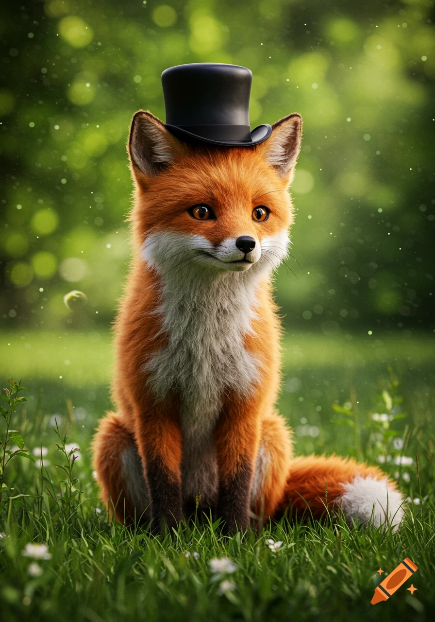 A cute, fluffy red fox wearing a black top hat sits in a lush green field with white wildflowers, looking forward.