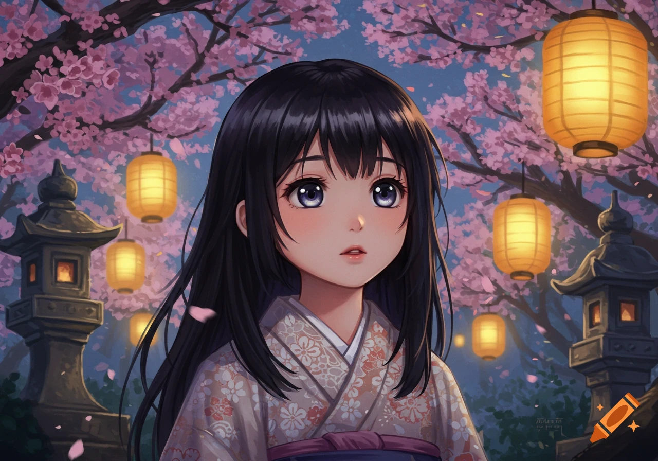 An anime girl with dark hair and wide eyes in a kimono stands under cherry blossoms with glowing lanterns.