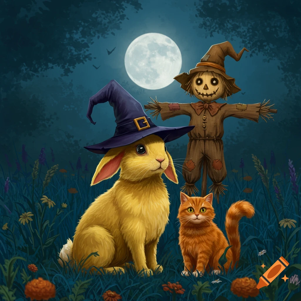 An illustration of a yellow rabbit wearing a witch's hat, a ginger cat, and a scarecrow in a moonlit field.