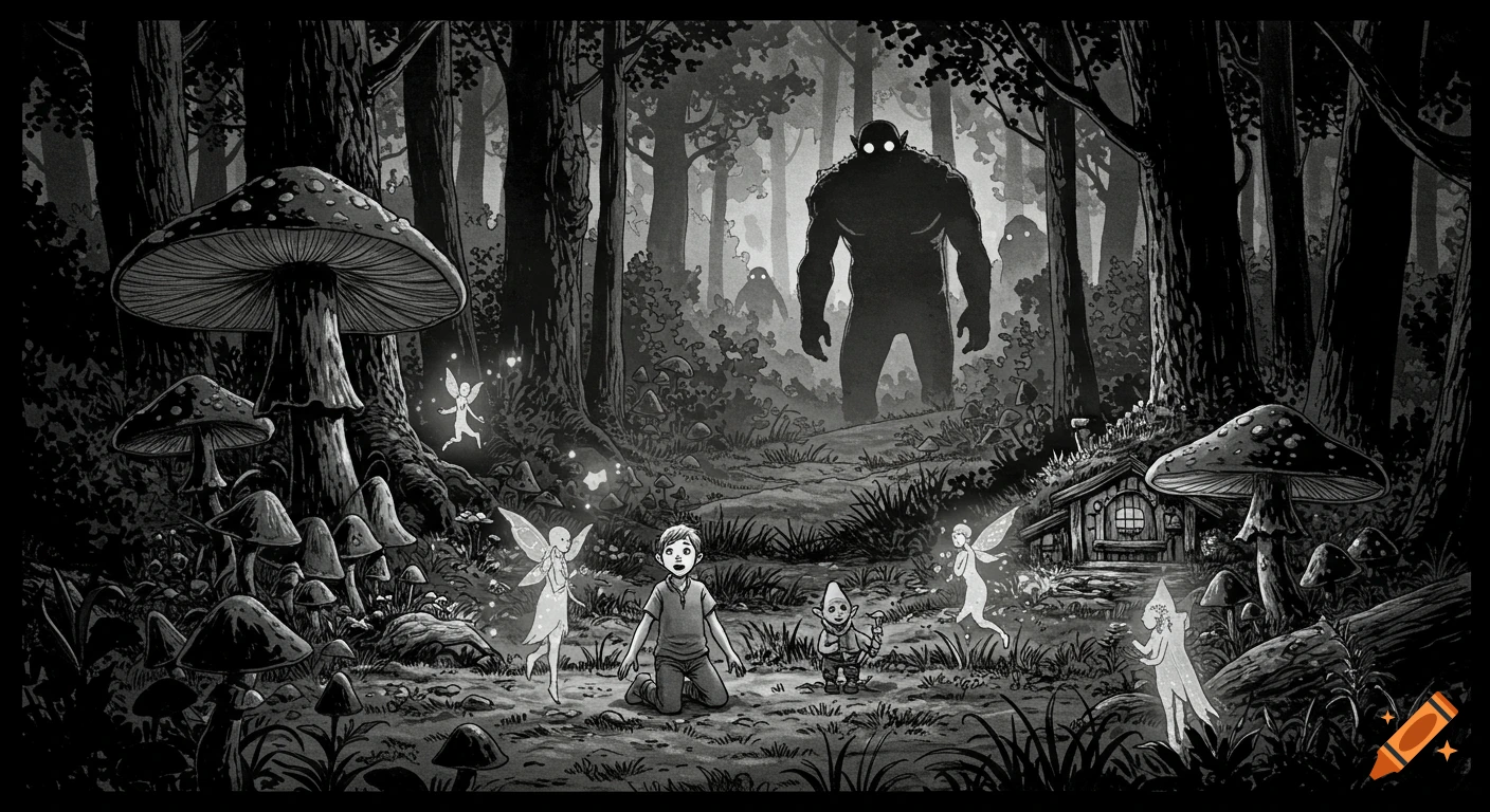 Gritty black and white comic art of a boy kneeling in a magical forest with fairies, gnomes, and towering shadowy giants.