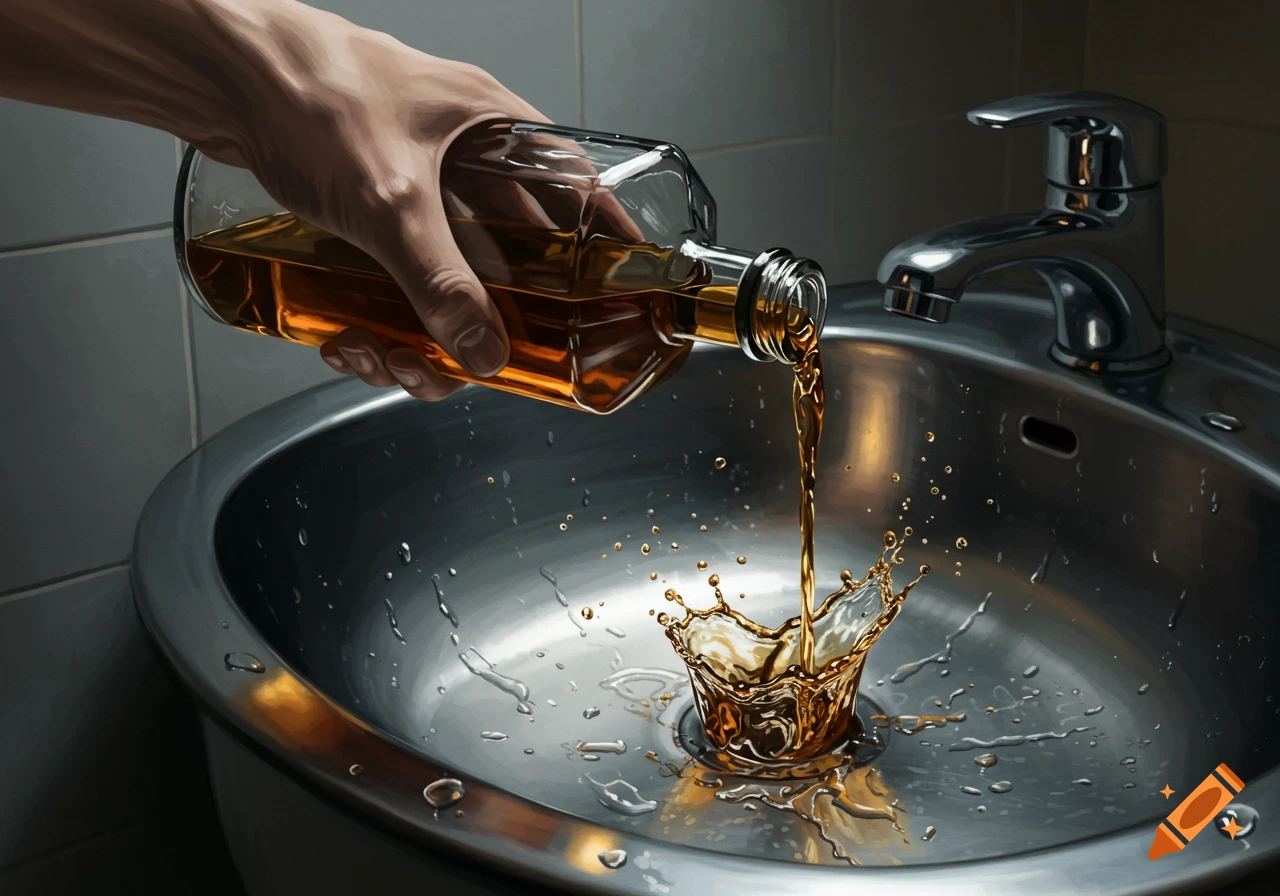 A hand pours golden whiskey from a bottle into a shiny metal sink, creating a splash.