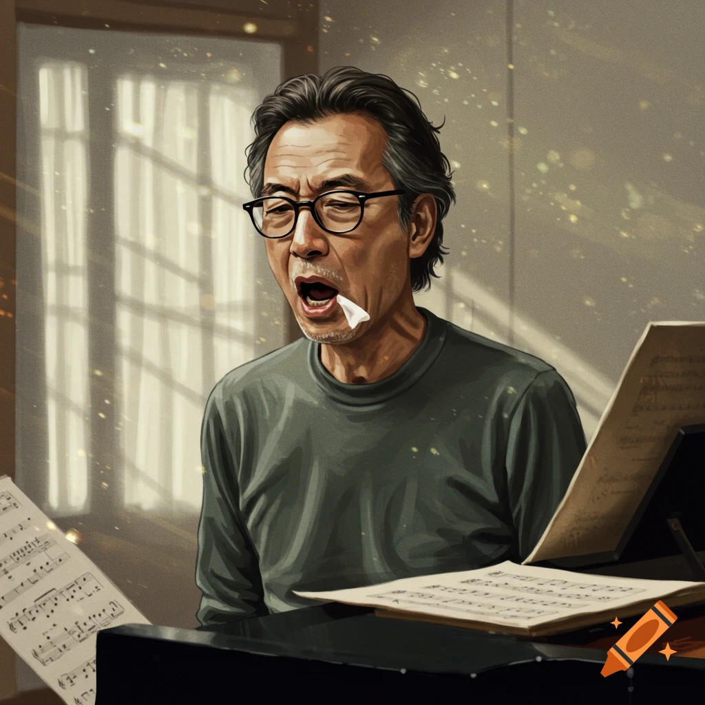 An older man with glasses sneezes dramatically while sitting at a piano with sheet music, in an illustrative style.