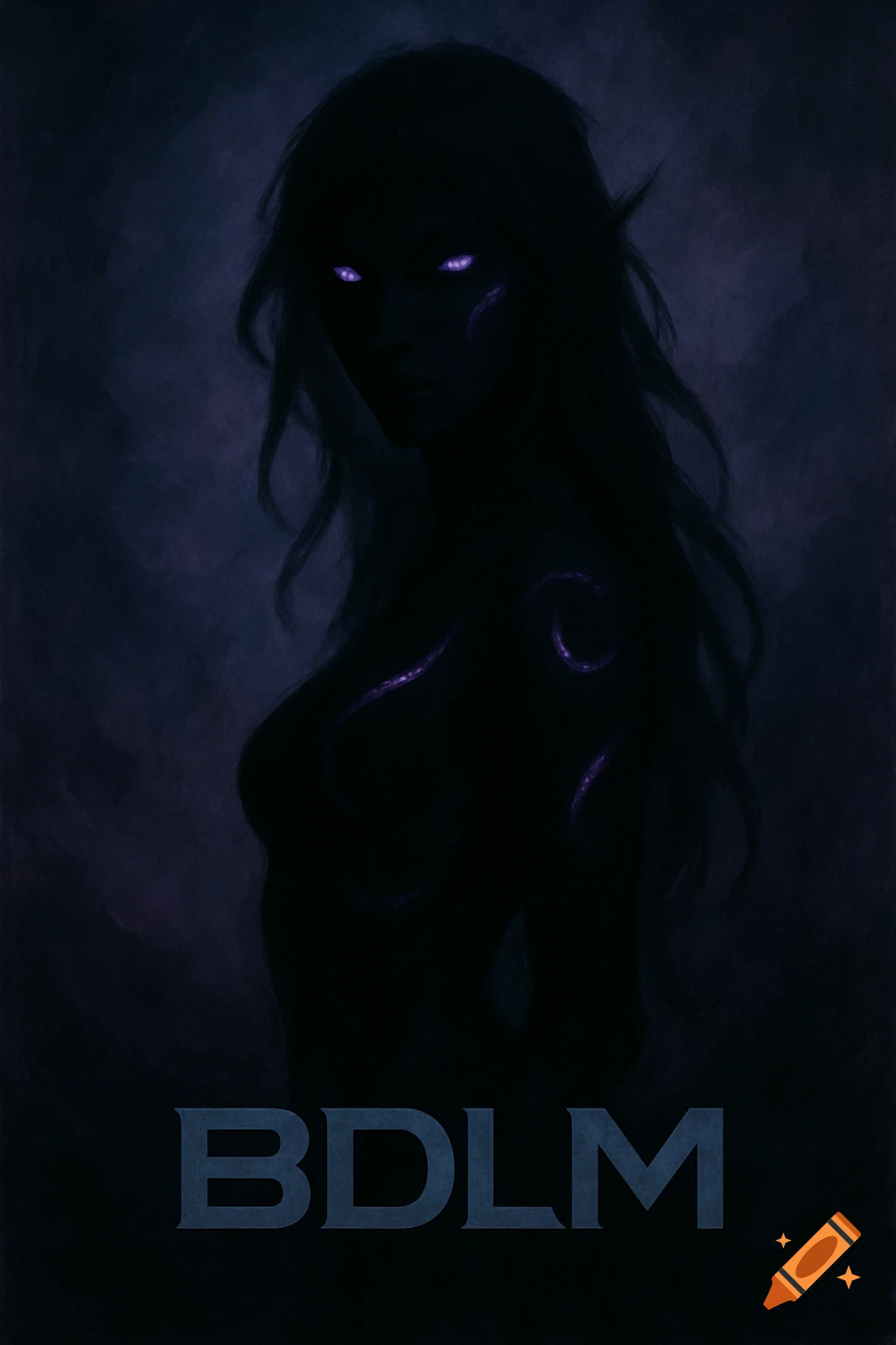 Dark, mysterious female cryptid with glowing purple eyes and faint markings, in concept art style, with 'BDLM' logo at the bottom.