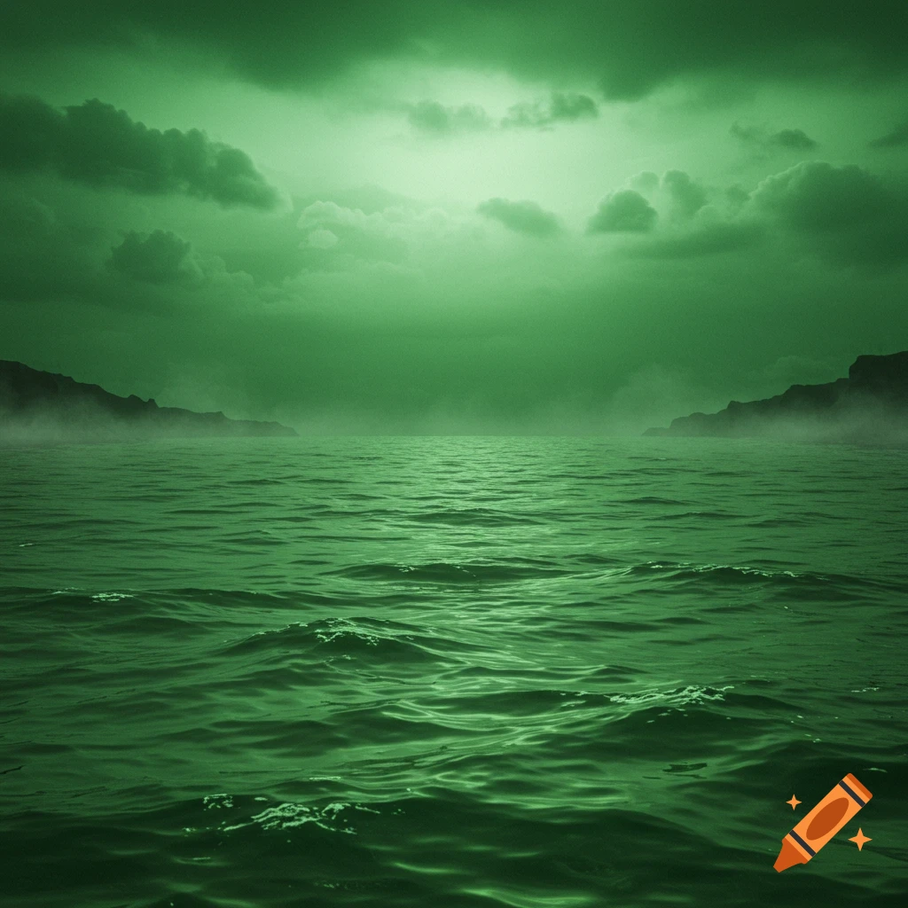 Dark green ocean under a cloudy, green sky with distant misty landmasses, creating an eerie atmosphere.