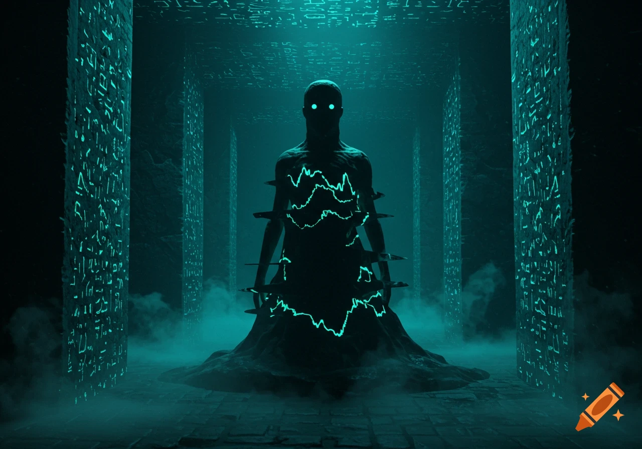 A shadowy, humanoid figure with glowing eyes and torso stands in a foggy, teal-lit chamber surrounded by pillars with glowing glyphs.